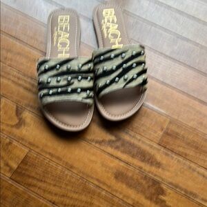 Black and Tan Zebra Pattern Sandals with Fuzzy Strap